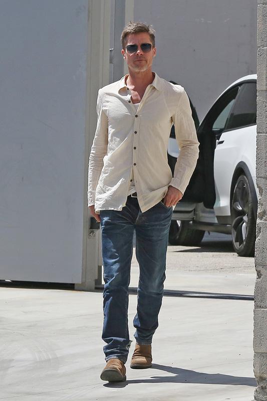 Skinny Brad Pitt can’t hide his protruding collarbone as he steps out in LA over the weekend.