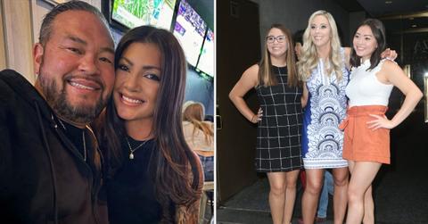A photo of Jon Gosselin with girlfriend Stephanie Loeb and a photo of Kate Gosselin with daughters Cara and Madelyn