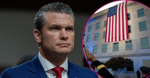 Split photo of Pete Hegseth and the Pentagon