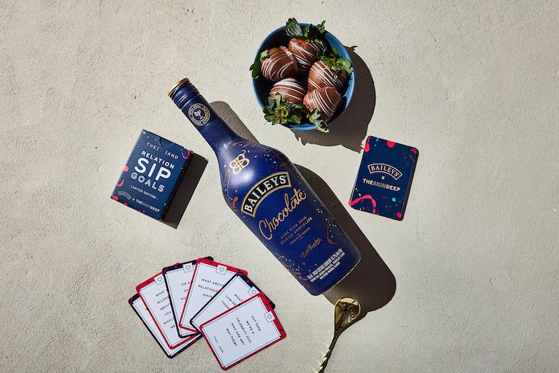 overhead baileys chocolate bottle and cards