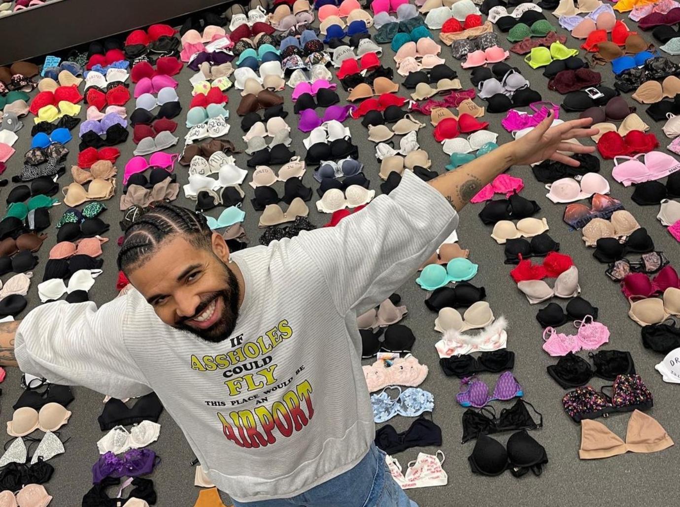 Bras galore! Drake flaunts the huge lingerie collection his fans