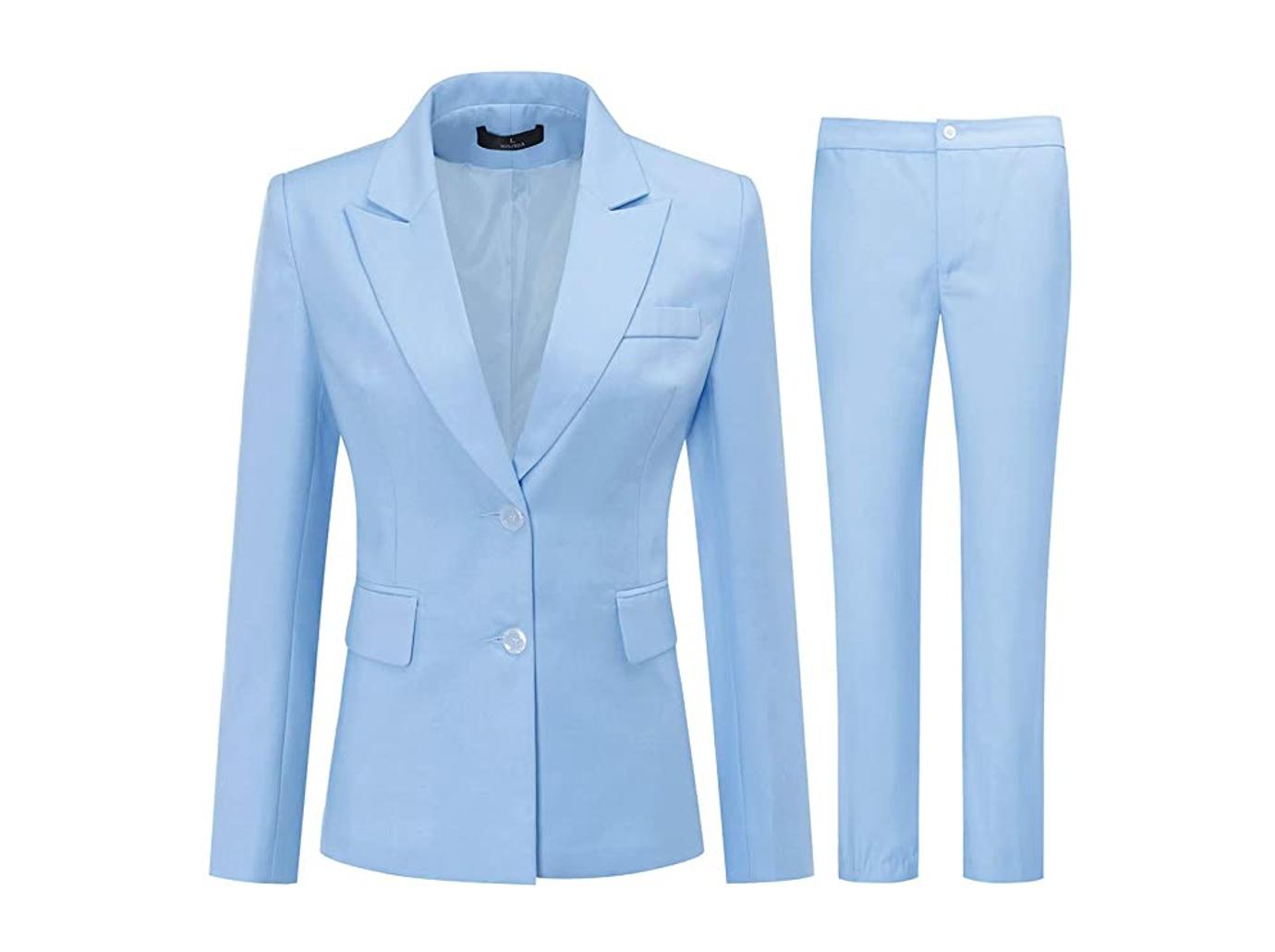 cardi b baby blue suit red shirt heels office building nyc shop