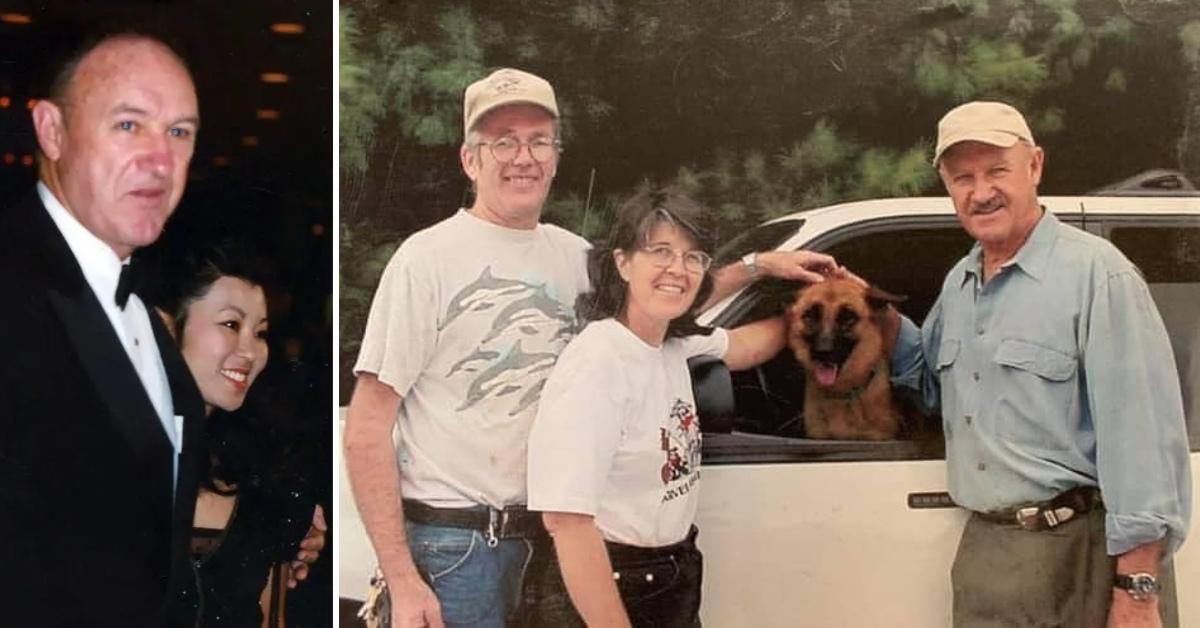 Photo of Gene Hackman with Besty Arakawa and a picture of Gene Hackman with one of his dogs in 1999.