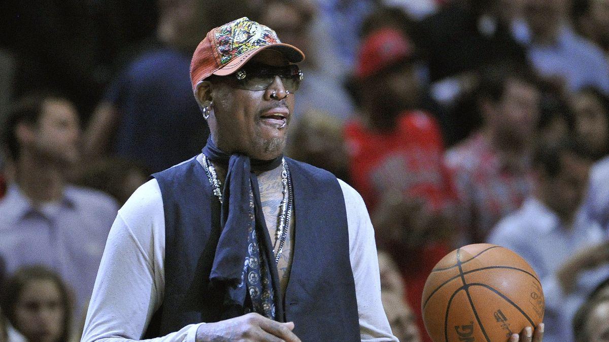 Image of Dennis Rodman shocked the Chicago Bulls by appearing on live wrestling TV during the Finals.