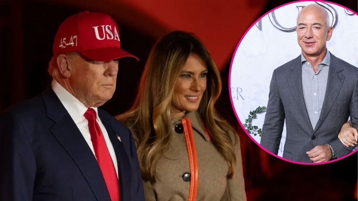 image of Donald and Melania trump, inset of Jeff Bezos