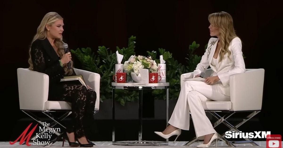 image of Erika Kirk appeared on the Megyn Kelly Show in a lacy black pantsuit.