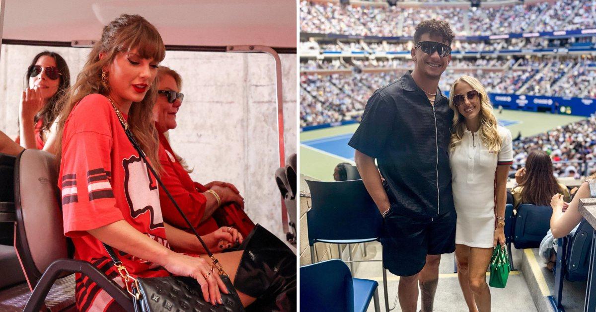 A picture of Taylor Swift and a photo of Patrick and Brittany Mahomes