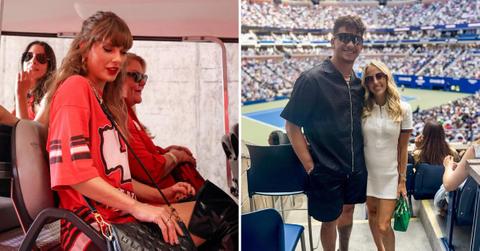 A picture of Taylor Swift and a photo of Patrick and Brittany Mahomes