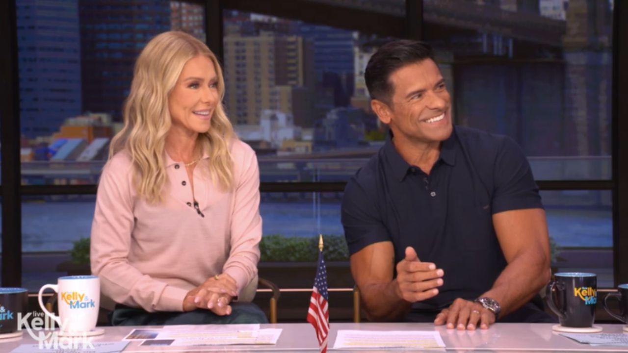 Image of Mark Consuelos had to hit a marshmallow into Kelly Ripa's mouth for the segment. 