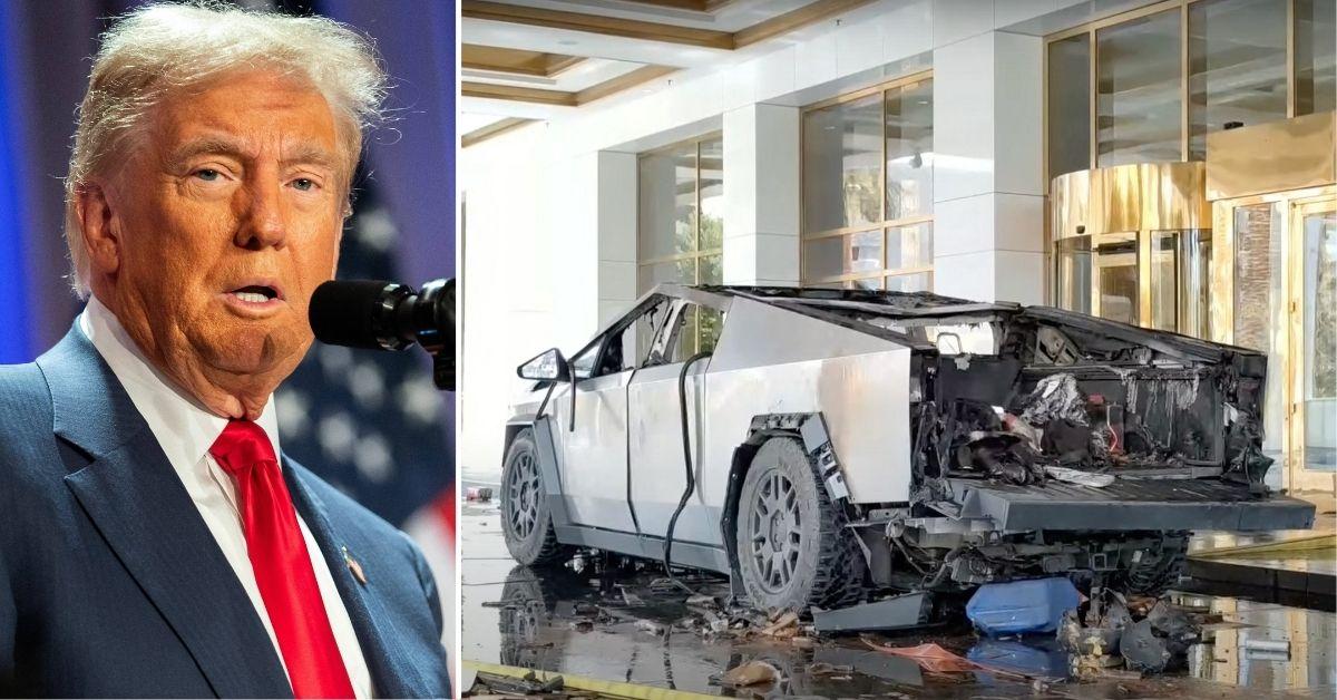 Composite photo of Donald Trump and the destroyed Tesla Cybertruck.