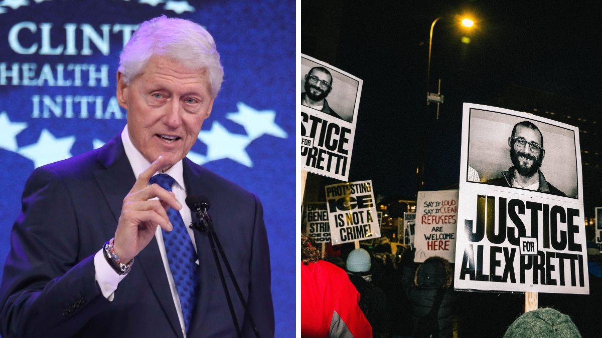 split photo of Bill Clinton and Alex Pretti rally