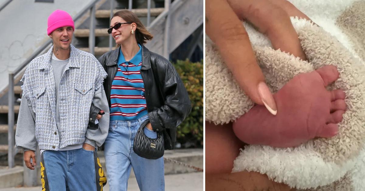 Photo of Justin and Hailey Bieber and an image of their son Jack's foot.