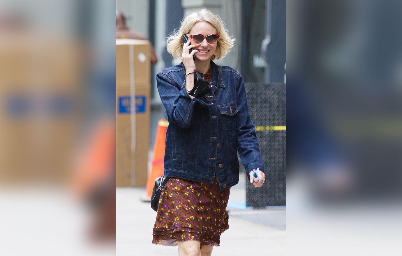 naomi watts jean jacket skirt cell phone