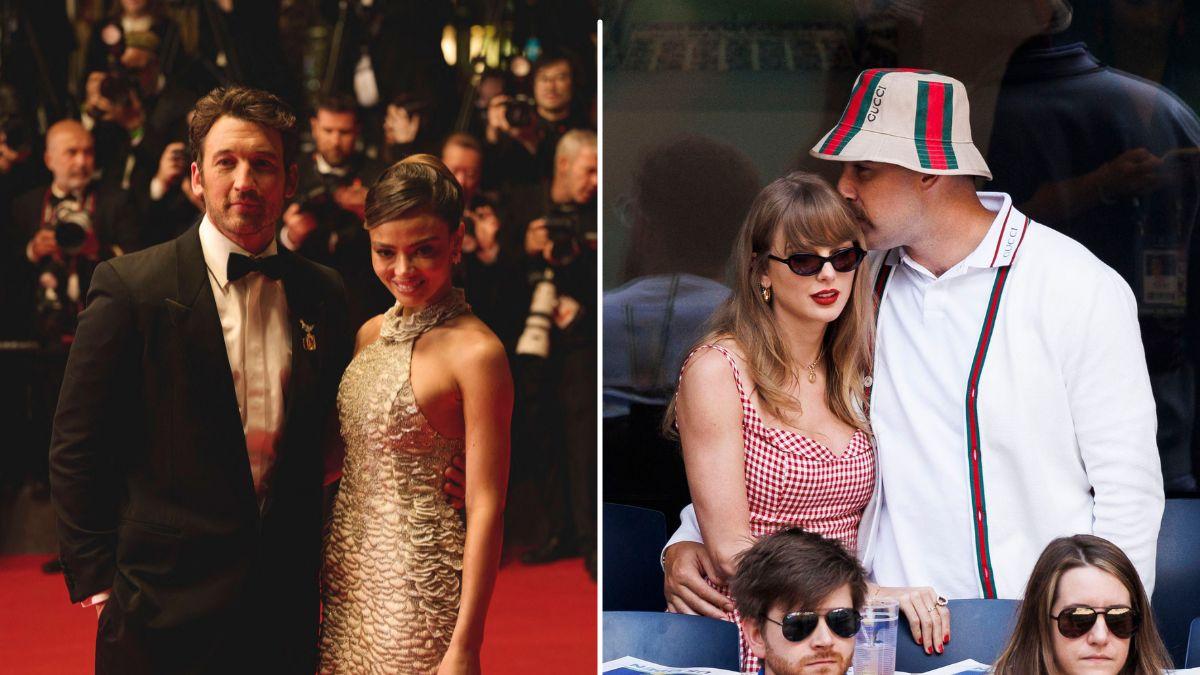 Split photo of Miles Teller, Keleigh Teller, Taylor Swift and Travis Kelce