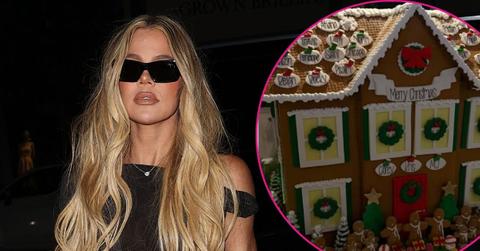 split photo of Khloé Kardashian; Kardashian family gingerbread house