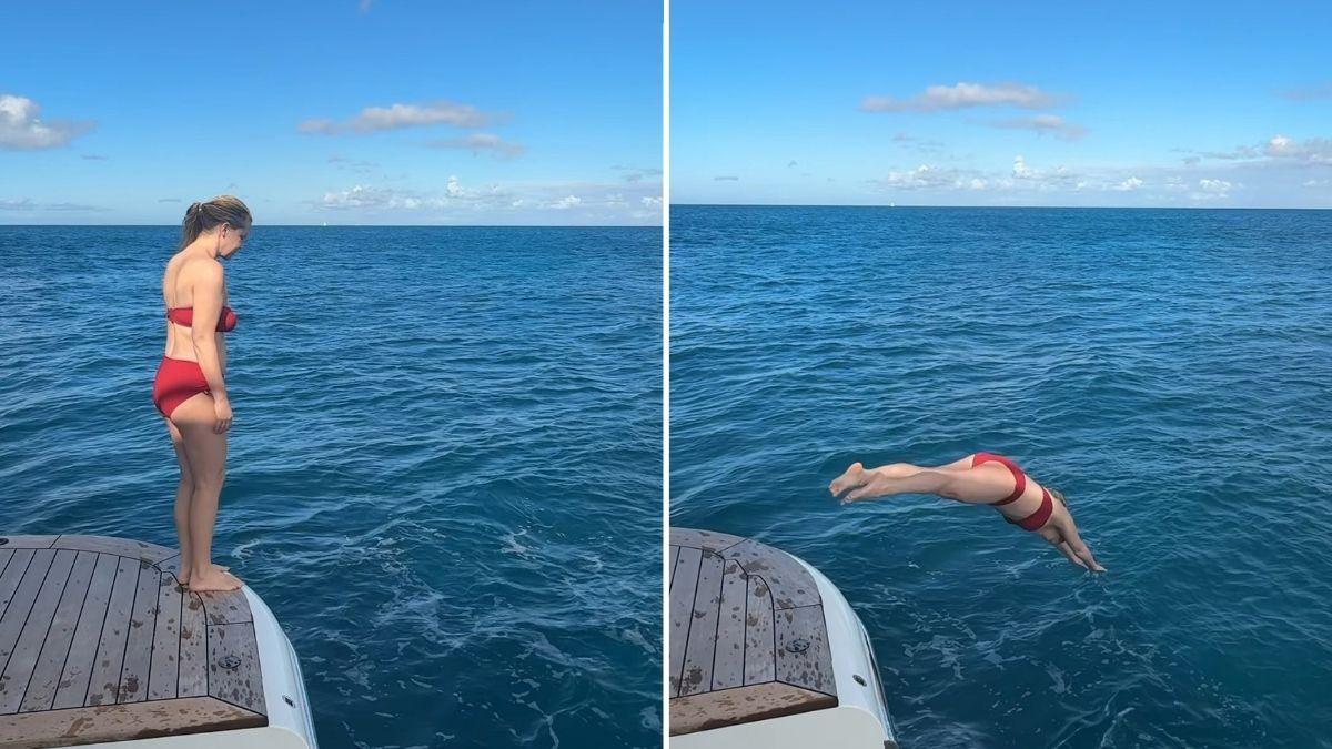 Photo of Amy Schumer posed in a red bikini while on vacation.