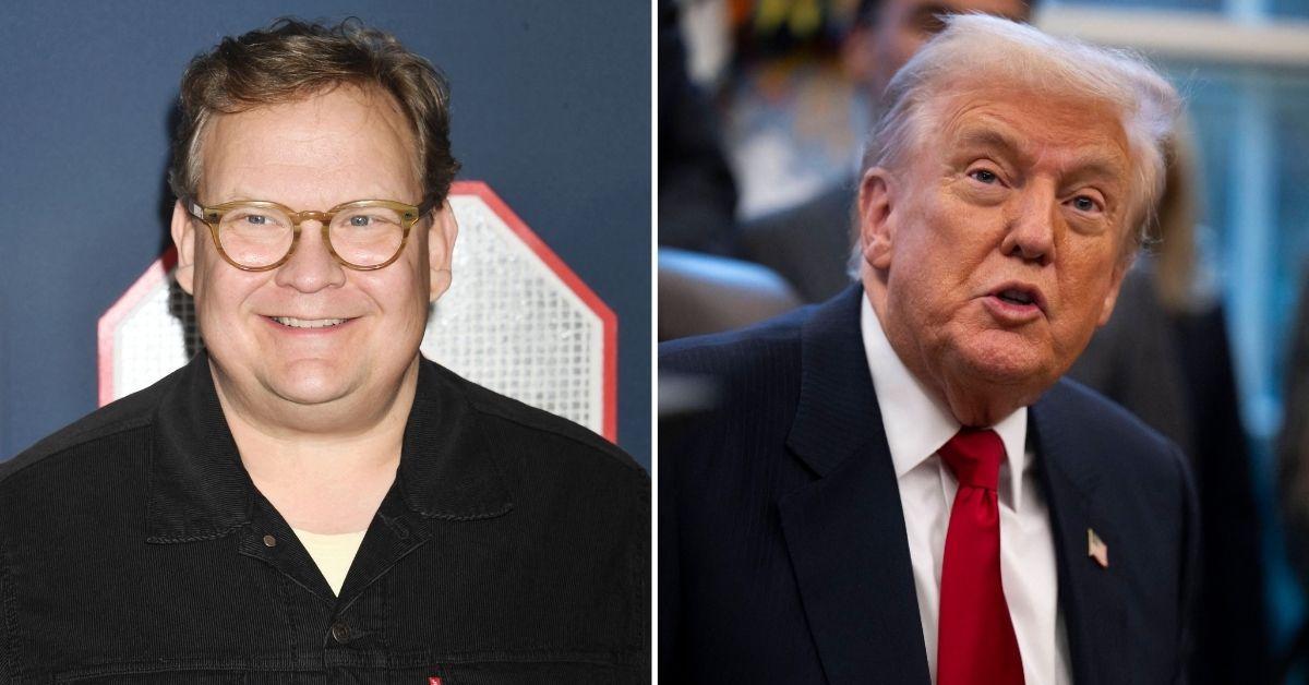 Split photo of Andy Richter & Donald Trump