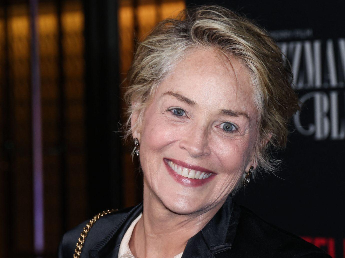 sharon stone topless wears only bikini bottoms painting photo