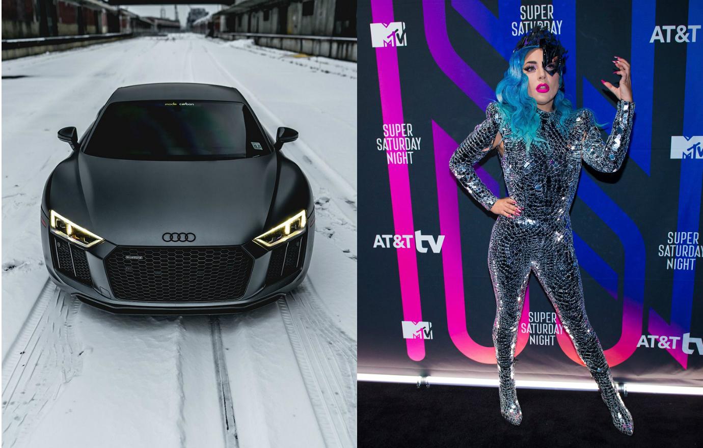 Lady Gaga wore a body-hugging mirror ball-like outfit, and next to her is a shot of the Audi R8.