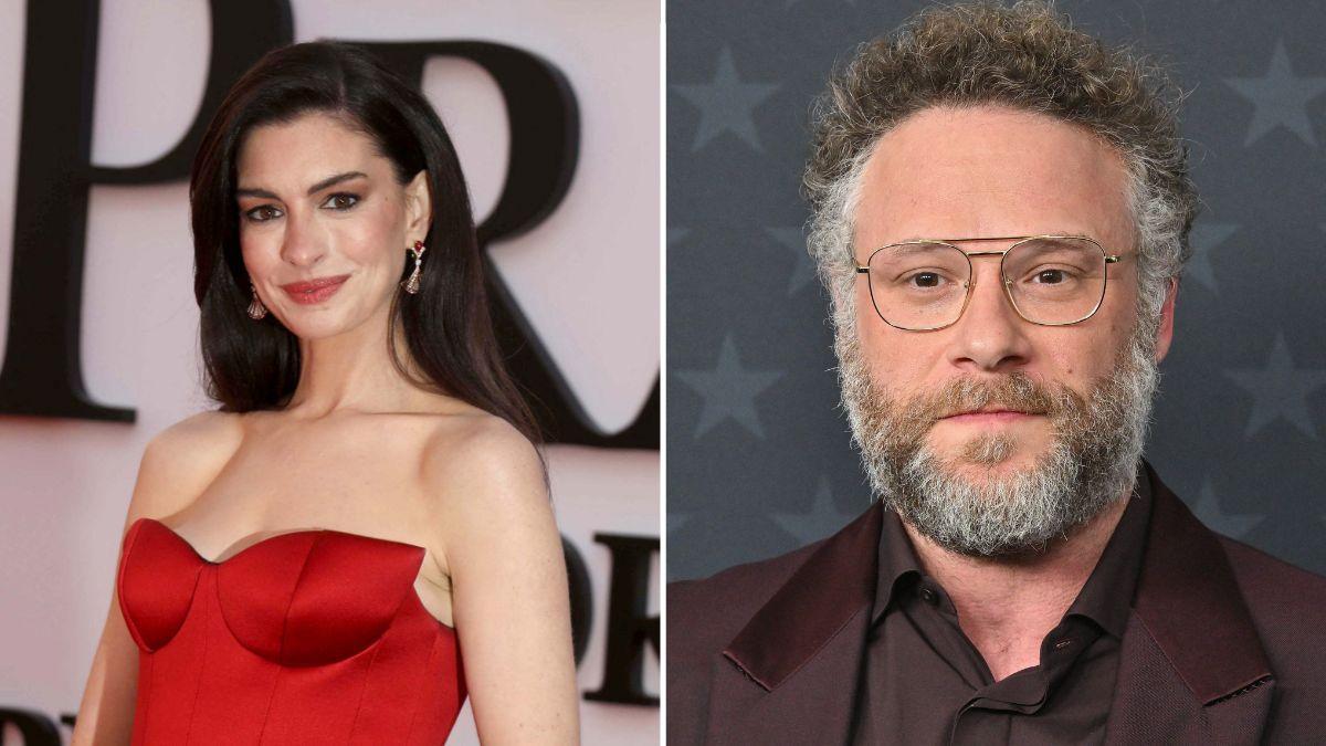 Split Photo of Anne Hathaway and Seth Rogan