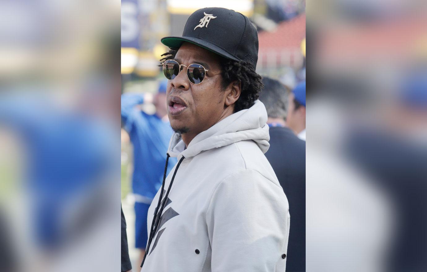 Rapper Jay Z is spotted on the sidelines of the Los Angeles Rams vs the Seattle Seahawks football game at the Los Angeles Memorial Coliseum