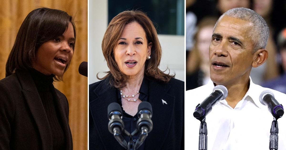 Split photo of Candace Owens, Kamala Harris and Barack Obama