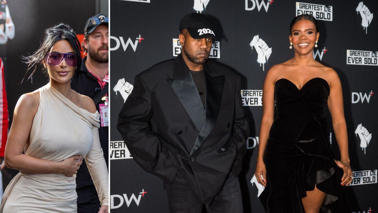 Split photo of Kim Kardashian, Kanye West, and Candace Owens