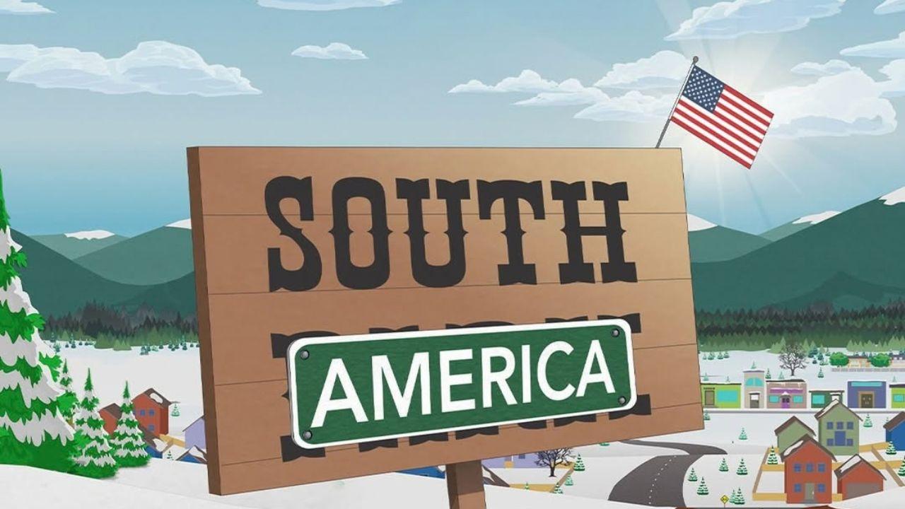 image of TV show South Park's new opening image with welcome sign to South America