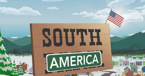 image of TV show South Park's new opening image with welcome sign to South America