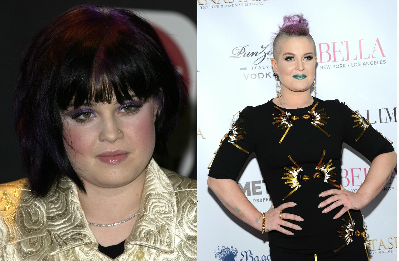 Kelly Osbourne wears a gold jacket in the before pic, a tight black dress with gold embellishments, purple hair, and blue lips in the after photo.