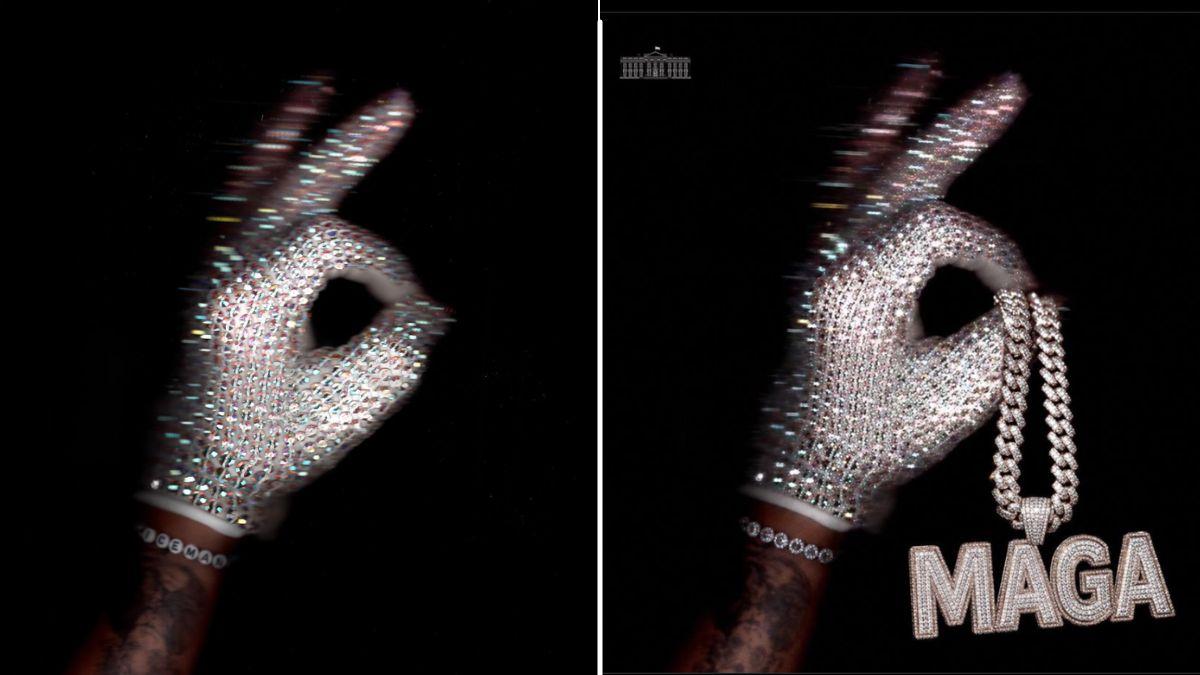 Image of Drake’s signature jeweled glove was replaced with a MAGA chain.