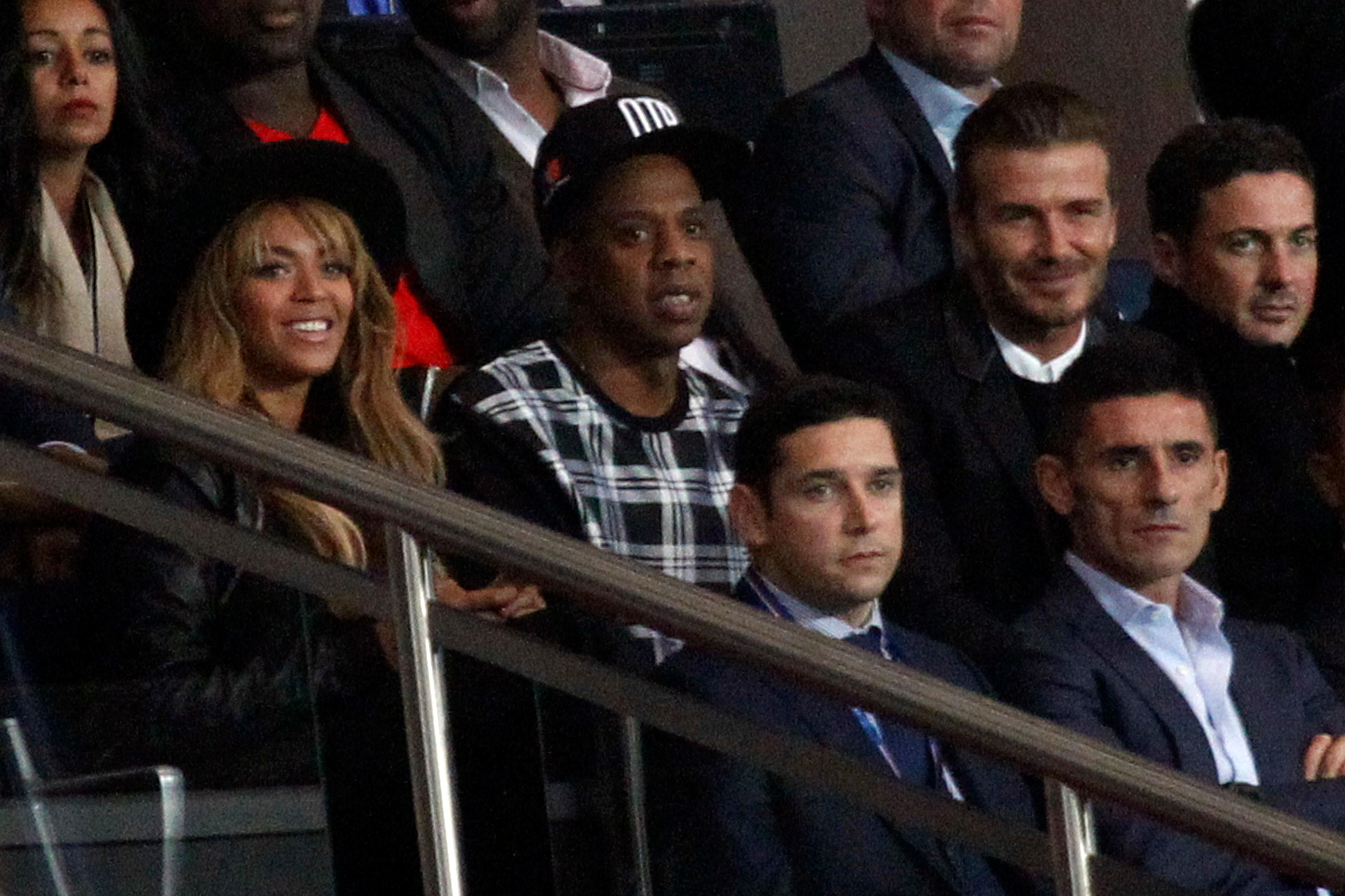 David Beckham and Nicolas Sarkozy join Jay Z and Beyonce to watch the Paris Saint Germain vs. Barcelona soccer match in Paris