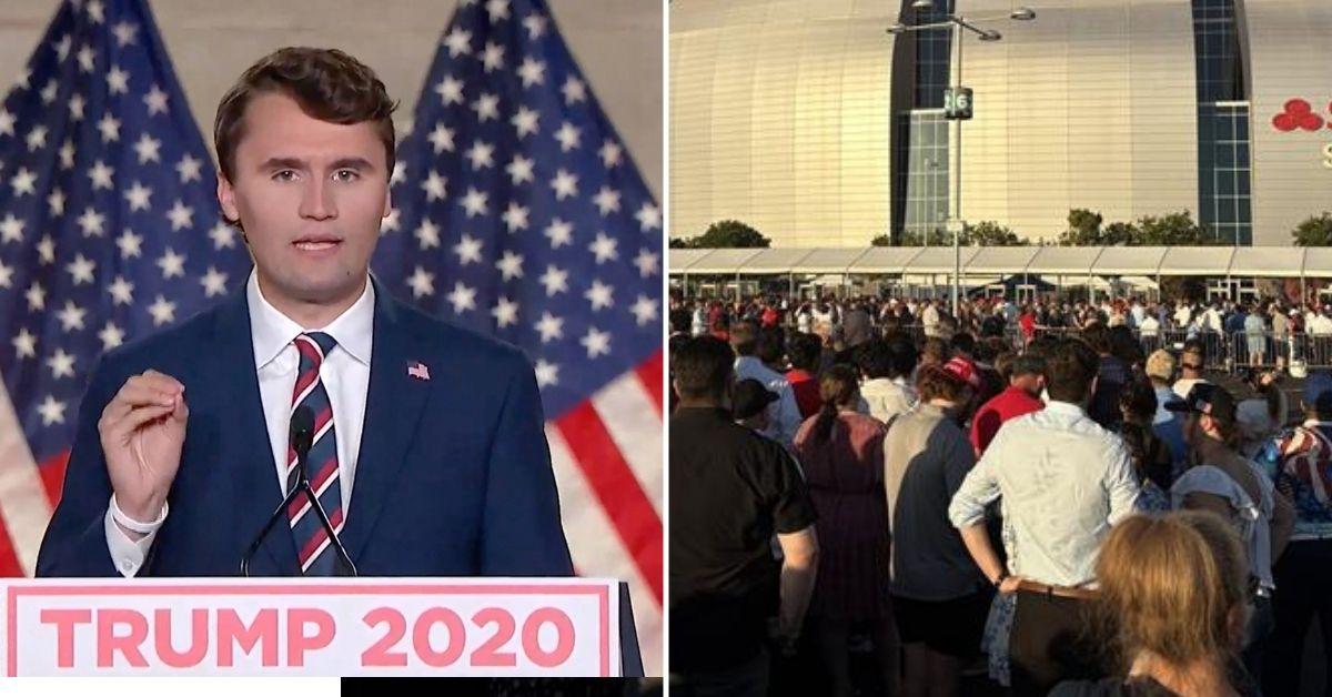 photo of Charlie Kirk, photo of people at stadium. 