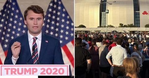 photo of Charlie Kirk, photo of people at stadium.