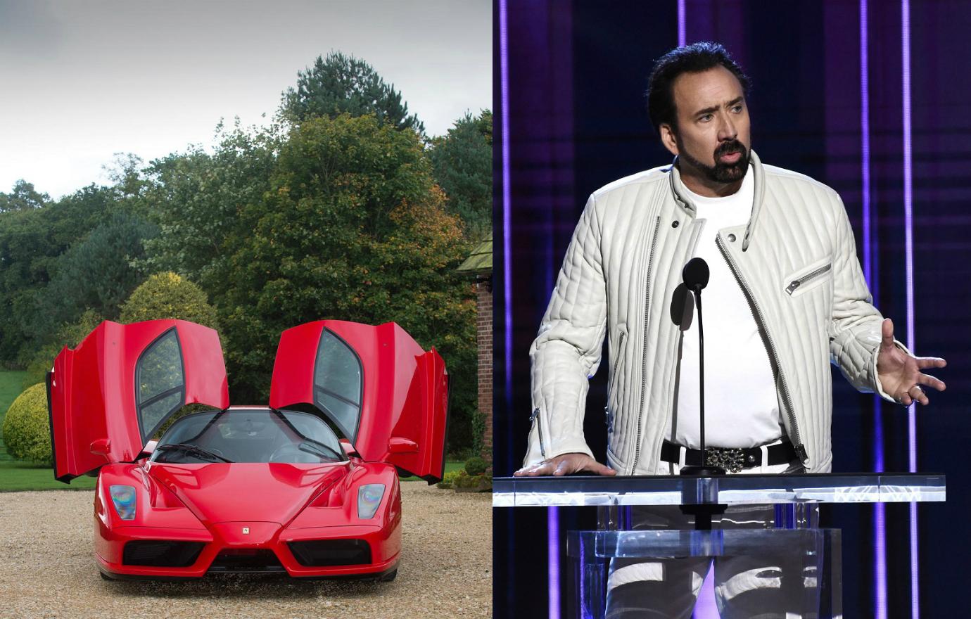 Nicolas Cage presented an award in an all-white ensemble, and next to him is the red Ferrari Enzo like the one he owns.