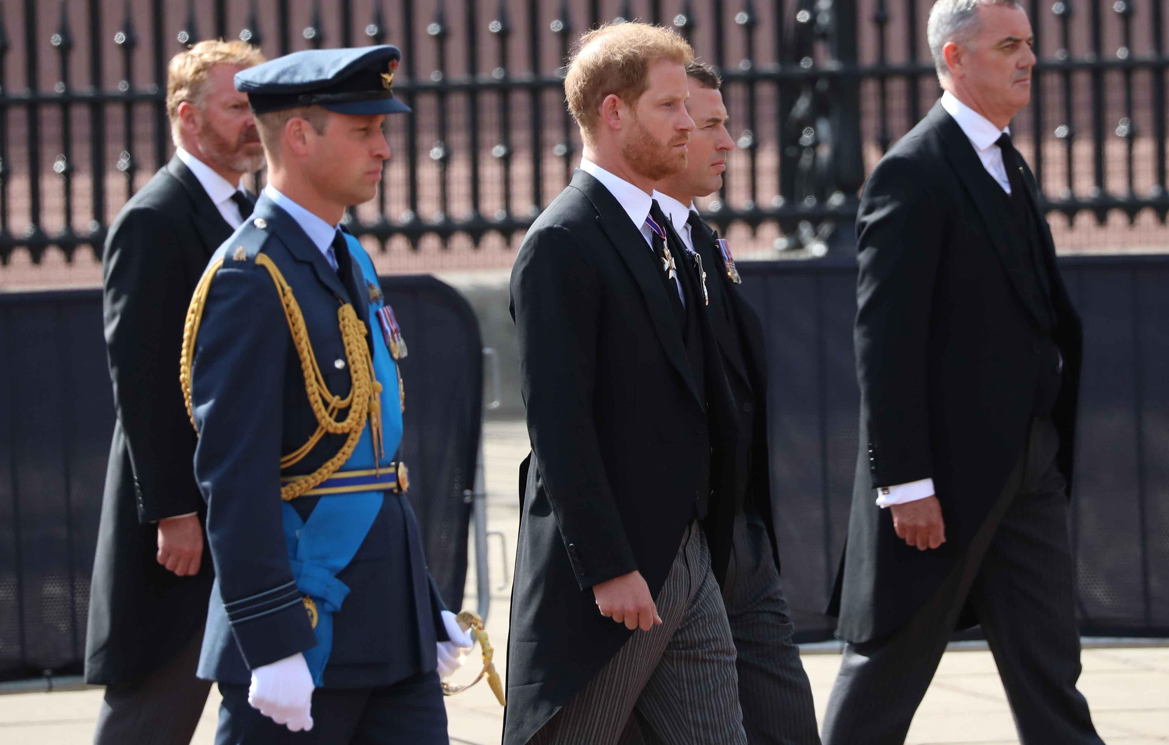 prince william prince harry walk side by side queen elizabeth iis coffin during procession