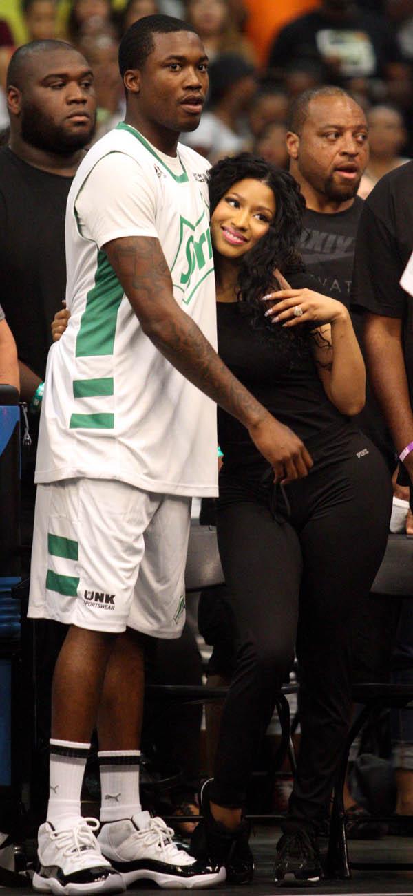 Nicki Minaj and Meek Mill at the Sprite Celebrity Basketball game during the 2015 BET Experience in Los Angeles, California.