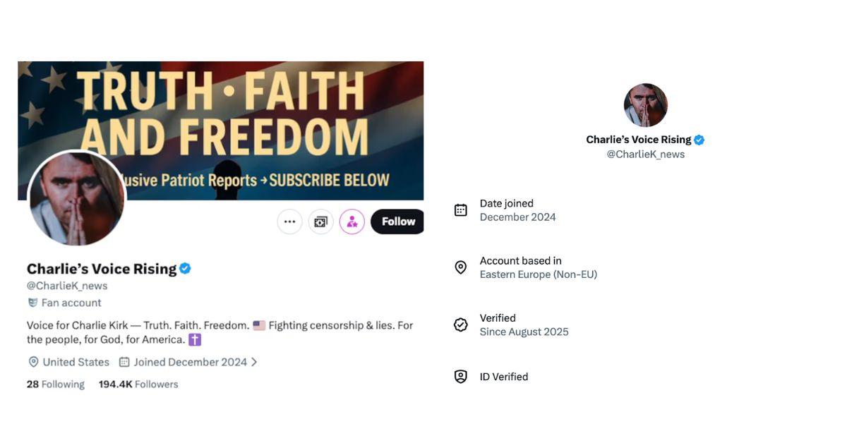 image of Another Charlie Kirk-themed account is based in Eastern Europe.