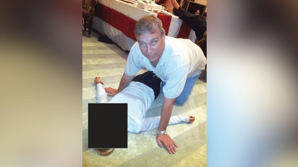 image of Newly released photos of Andrew Mountbatten-Windsor see him bending over a woman.