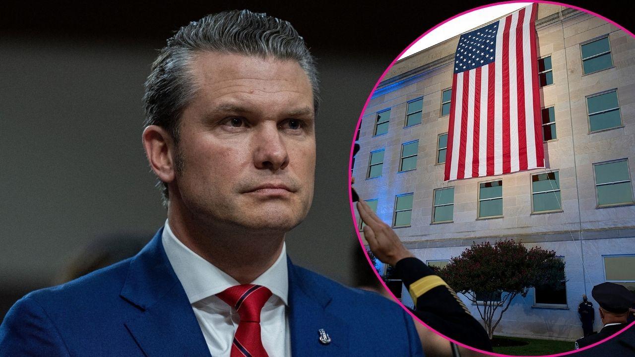 Split photo of Pete Hegseth and Pentagon
