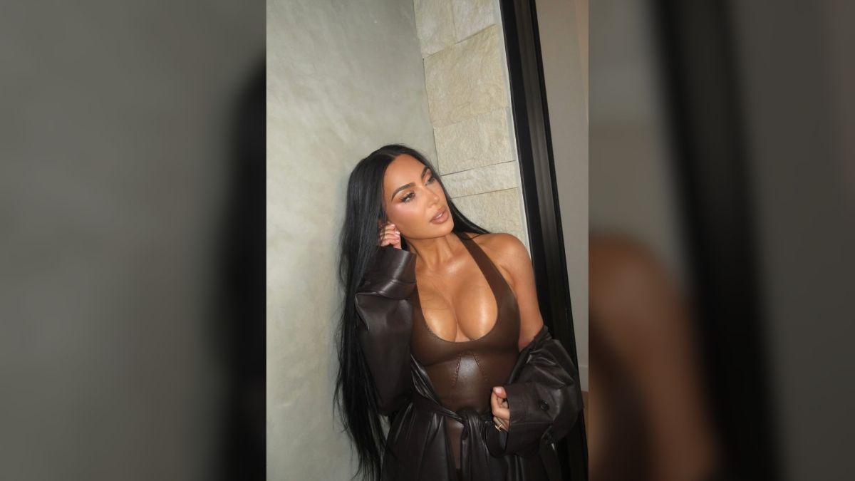 Image of Kim Kardashian stunned in an all-leather look.