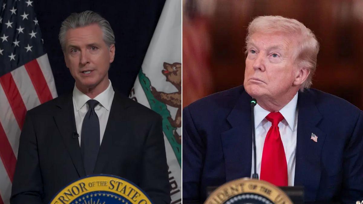 Split photo of Gavin Newsom and Donald Trump