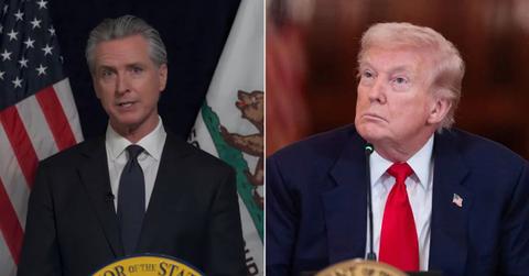 Split photo of Gavin Newsom and Donald Trump