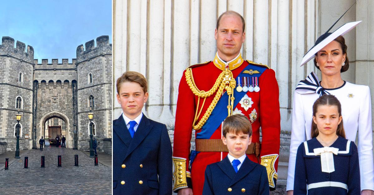 Photo of Windsor Castle; picture of Prince William, Kate Middleton and their three kids.