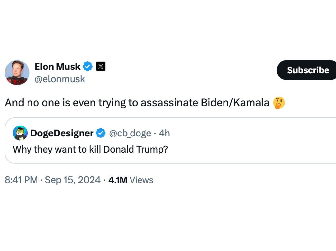 elon musk torn apart wondering why no assassinate kamala harris joe biden