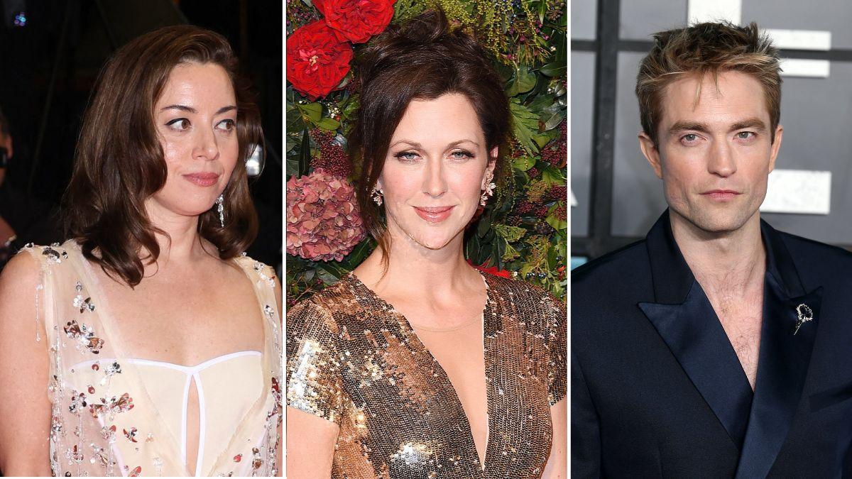 Split photo of Aubrey Plaza, Margo Stilley, and Robert Pattinson.