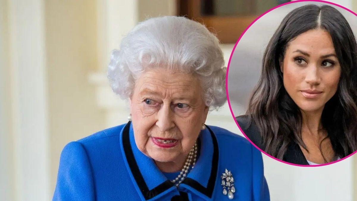 image of queen and inset of meghan markle