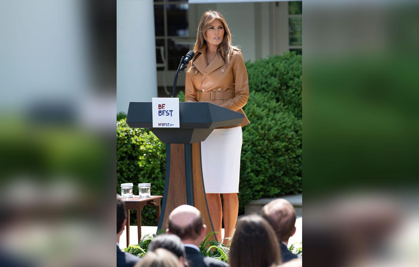 First Lady Melania Trump walks on the Colonnade as she arrives to announce her Initiatives in the Rose Garden of the White House in Washington, DC on Monday, May 7, 2018.