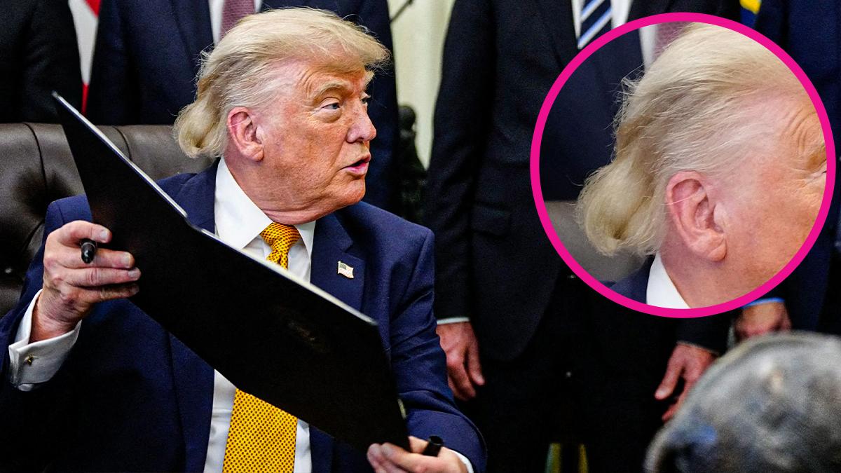 Photo of Donald Trump's signature blonde coif has undergone a transformation into what critics dubbed a 'MAGA Mullet.'
