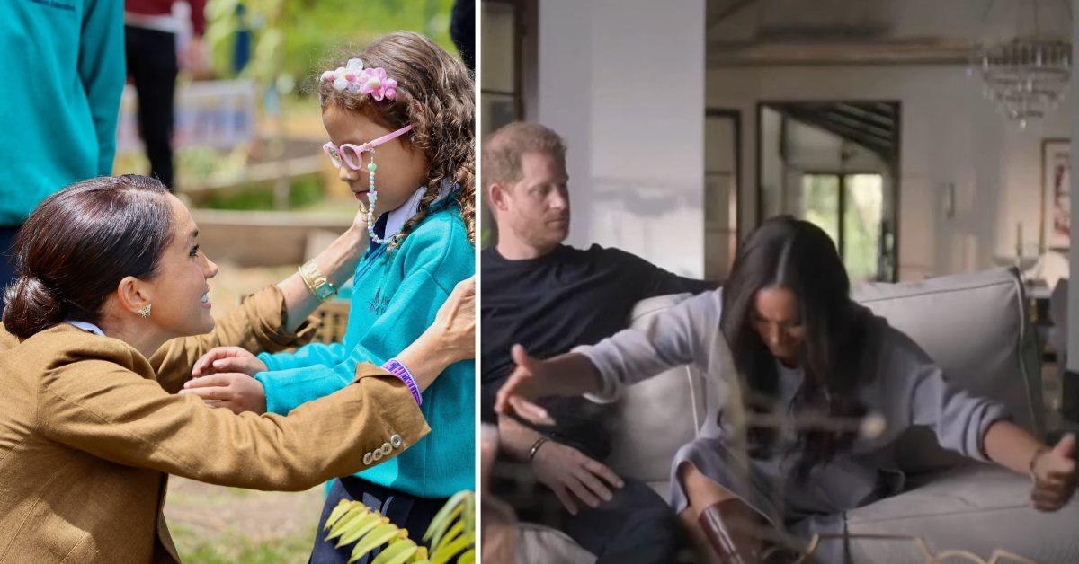 Photo of Meghan Markle with a young girl and a screenshot of Meghan Markle and Prince Harry from 'Harry & Meghan'